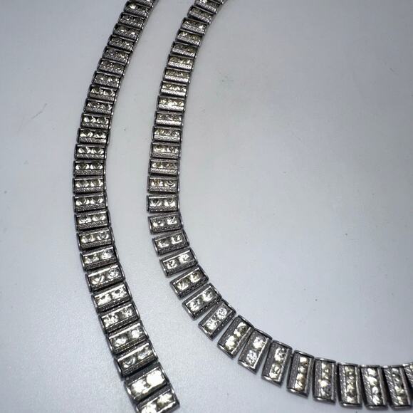Antique Art Deco rhodium plated clear rhinestones tennis bracelet necklace - Picture 3 of 10